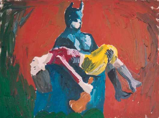 Malerei von Thomas Hoor mit dem Titel »Batman und Sophie«, Acryl auf Leinwand
