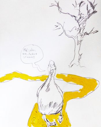 Zeichnung von Thomas Hoor mit dem Titel »Mal sehen, was Andrea so macht«, Bleistift und Acryl auf Papier