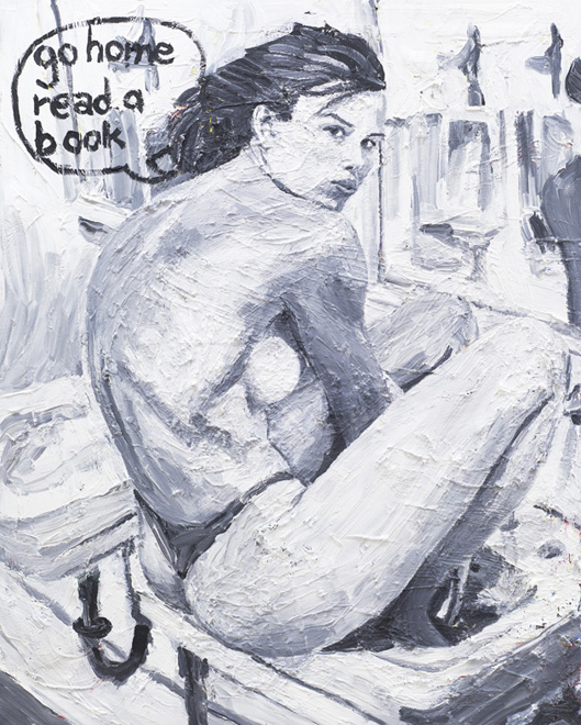 Malerei von Thomas Hoor mit dem Titel »Go home, read a book«, Acryl auf Leinwand