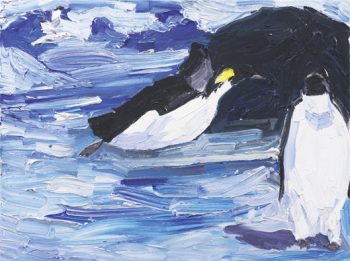 Malerei von Thomas Hoor mit dem Titel »Pinguinflug«, Acryl auf Leinwand