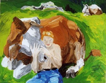 Malerei von Thomas Hoor mit dem Titel »Frau mit Kuh«, Acryl auf Leinwand