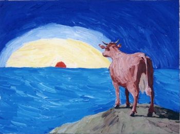 Malerei von Thomas Hoor mit dem Titel »Kuh am Meer«, Acryl auf Leinwand