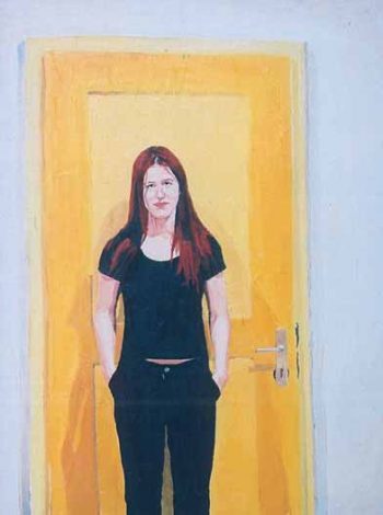 Natalie im Jugendheim vor einer gelben Tür, Öl auf Leinwand